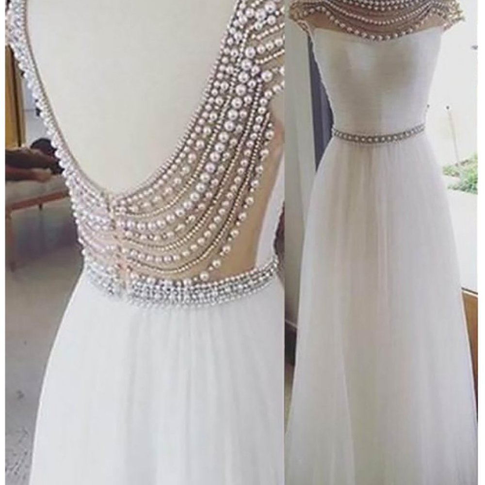 Beaded Ivory Wedding Gown with Draped Pearl Back